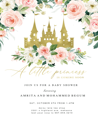 Princess Gold Castle & Roses  Baby Shower Invitation