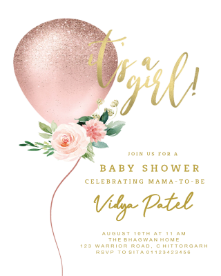 Floral Glitter Balloon Baby Shower Invitation